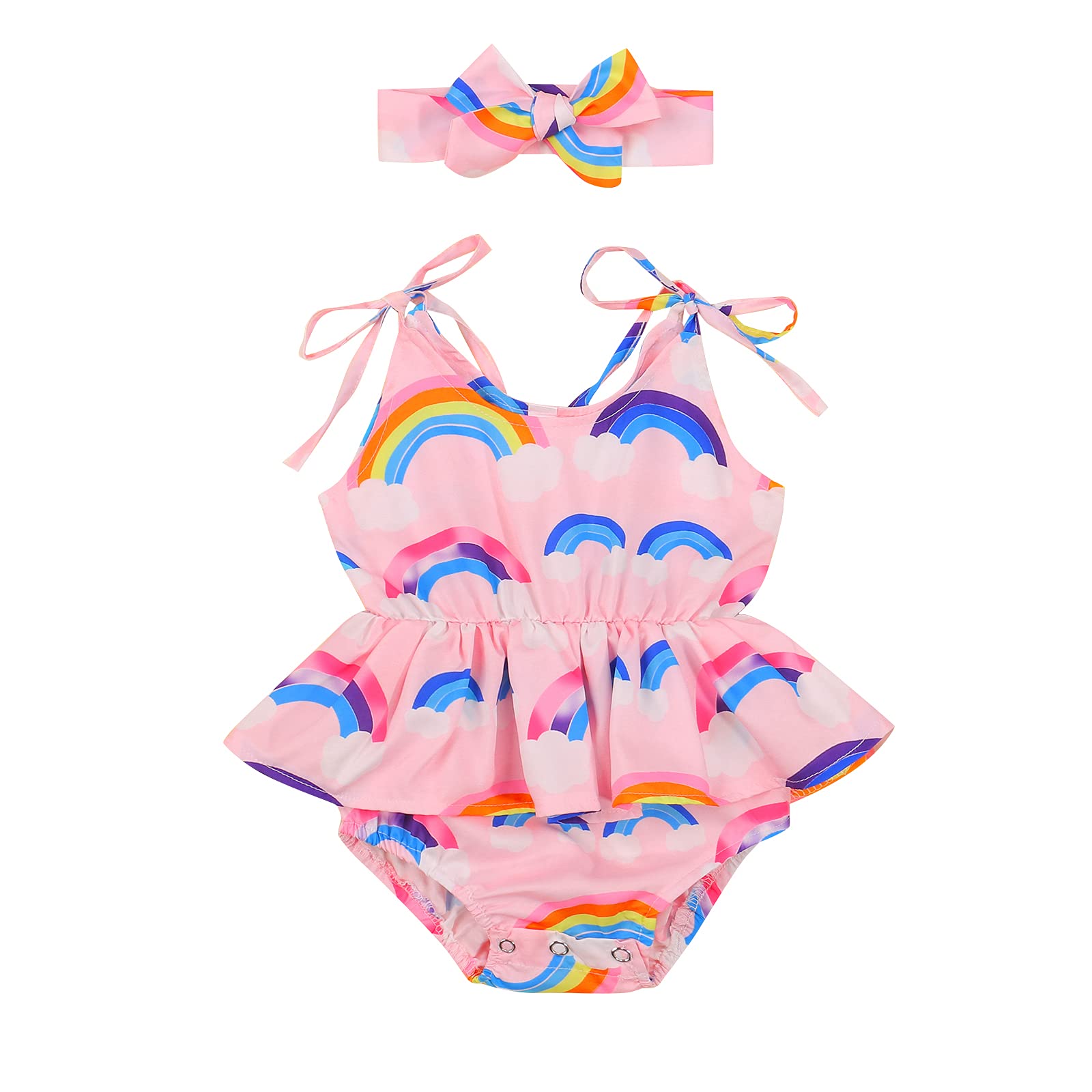 Newborn Baby Girl Clothes | Rainbow Romper Straps Sleeveless Bodysuit Jumpsuit with Headband | Summer Outfits for Photoshoot, Birthday Party & Outdoor Play