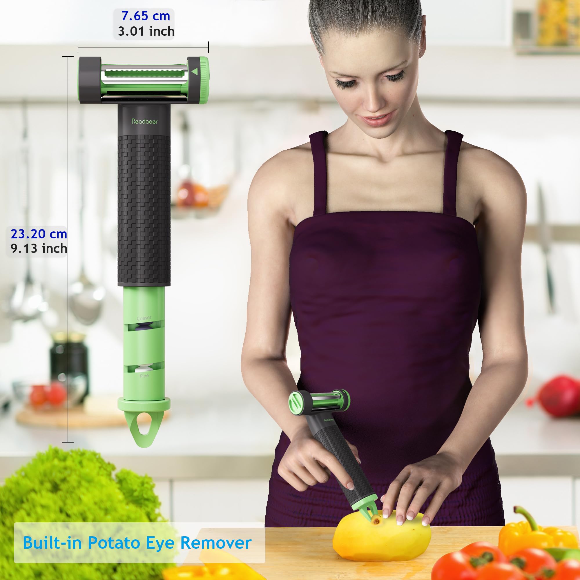 Readaeer 3-in-1 Multi-Function Vegetable Peeler with Julienne Blade - Professional Kitchen Peeler for Fruits, Vegetables, Potatoes, Carrots & Cucumbers - Perfect for Meal Prep, Salad Making & Healthy Cooking