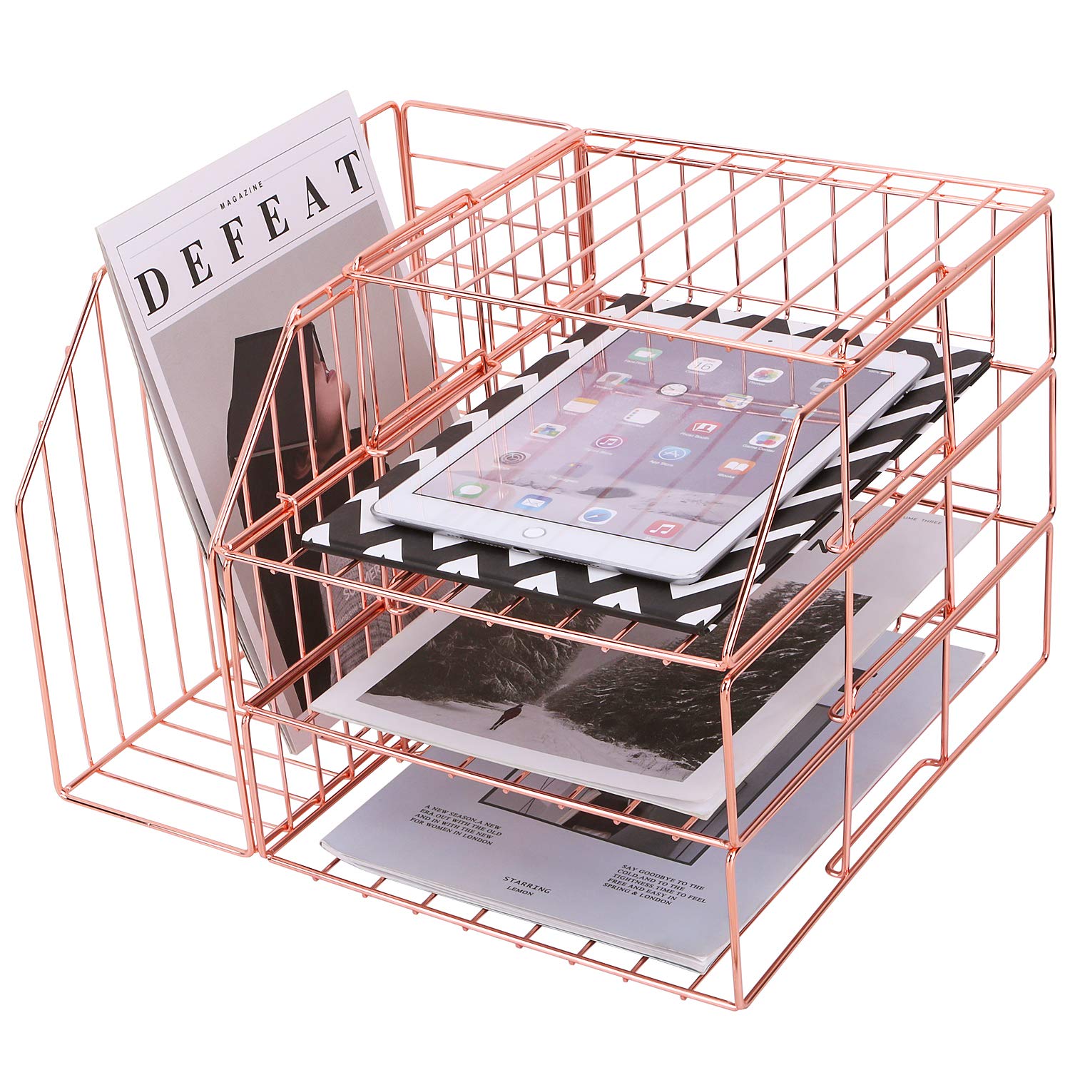 Hosaken 3-Tier Stackable Paper Tray - Rose Gold Desk File Organizer for Office Supplies, Documents, Magazines | Space-Saving Office Storage Solution for Home & Workspace Organization
