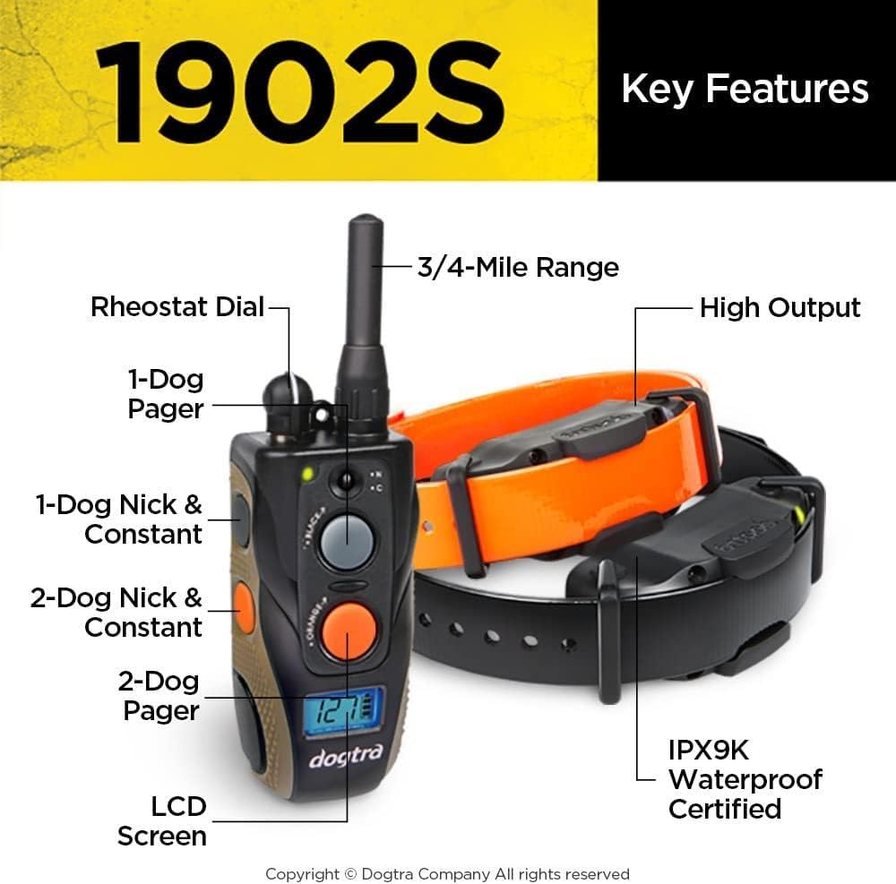 Dogtra 1902S Ergonomic 3/4-Mile IPX9K Waterproof High-Output 2-Dog Remote Training E-Collar for Hunting, Obedience & Outdoor Adventures – Perfect for Large Dogs & Professional Trainers