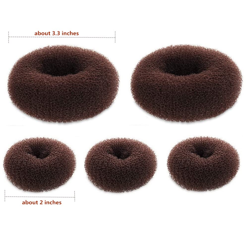 5 PCS Dark Brown Donut Hair Bun Maker Set - 2 Large & 3 Small Ring Style Hair Donuts for Perfect Updos - Great for Parties, Weddings, Work & Everyday Hairstyles