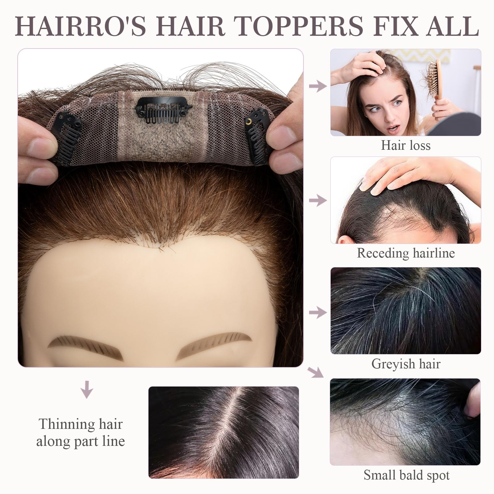 100% Human Hair Topper for Women - Hairro Clip-in Hairpiece with 4