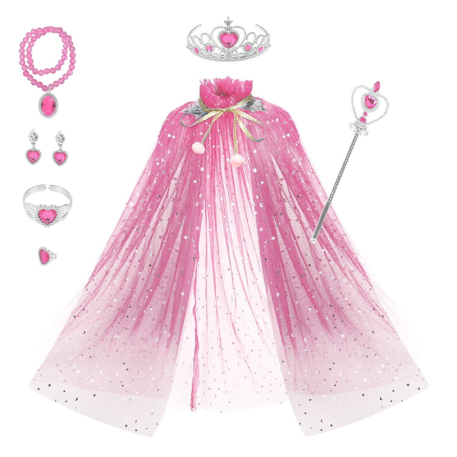 Fedio 7-Piece Princess Cape Set for Girls - Pink Cloak with Tiara Crown & Magic Wand | Kids Dress Up Costume for Birthday Parties, Halloween & Pretend Play