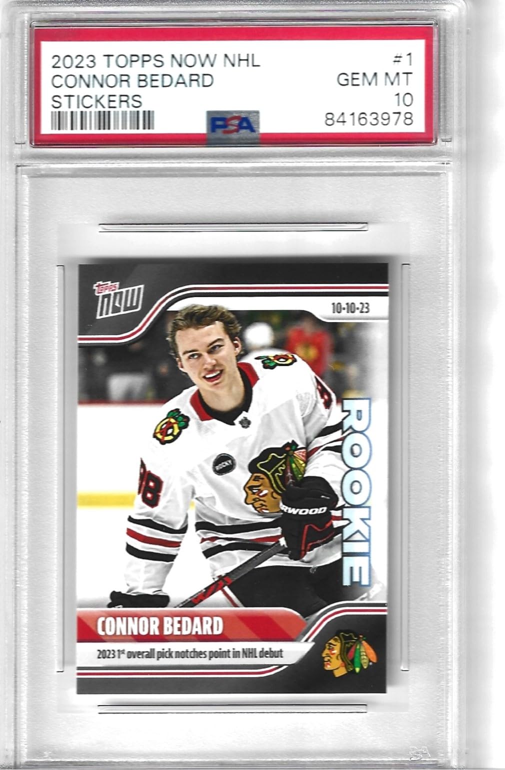 PSA 10 Connor Bedard Topps Now Rookie Sticker Card - First Blackhawks Uniform Card - Future NHL Superstar - Perfect for Sports Collectors & Hockey Fans Display