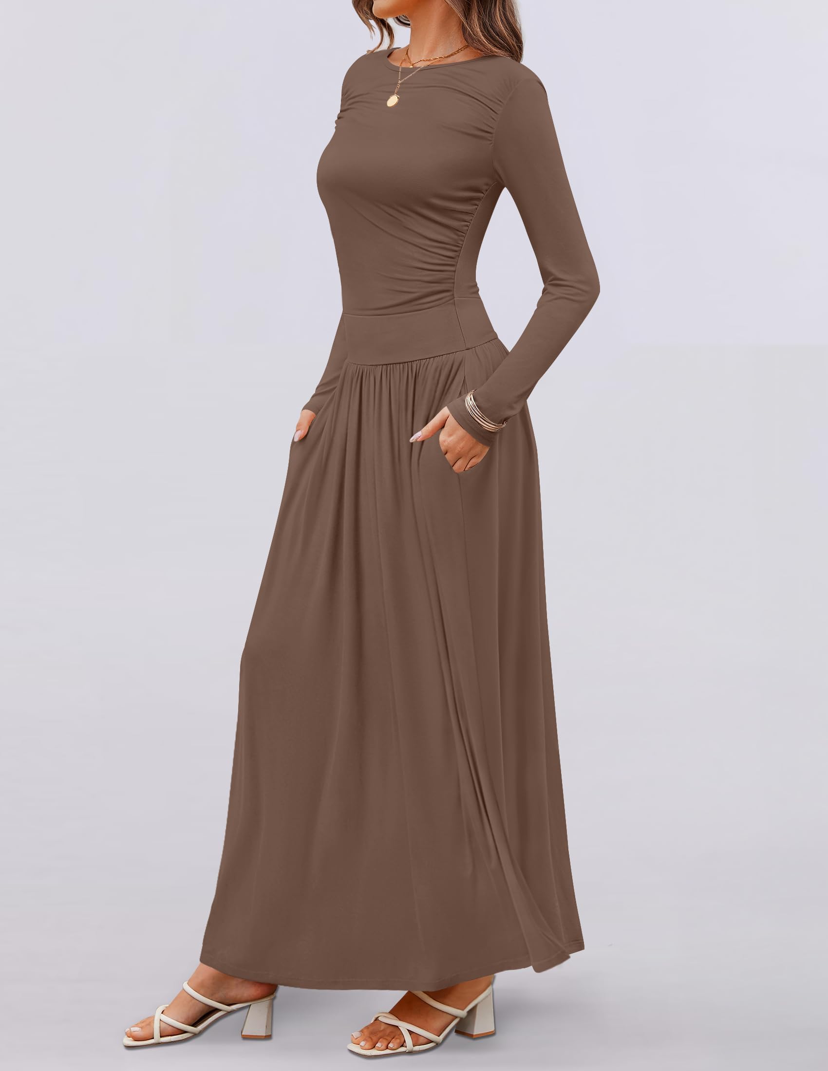 ZESICA Women's Long Sleeve Maxi Dress 2025 - Crewneck Knit Casual Swing Dress with Pockets | Spring Slim Pleated Flowy Dress for Date Night, Office & Vacation