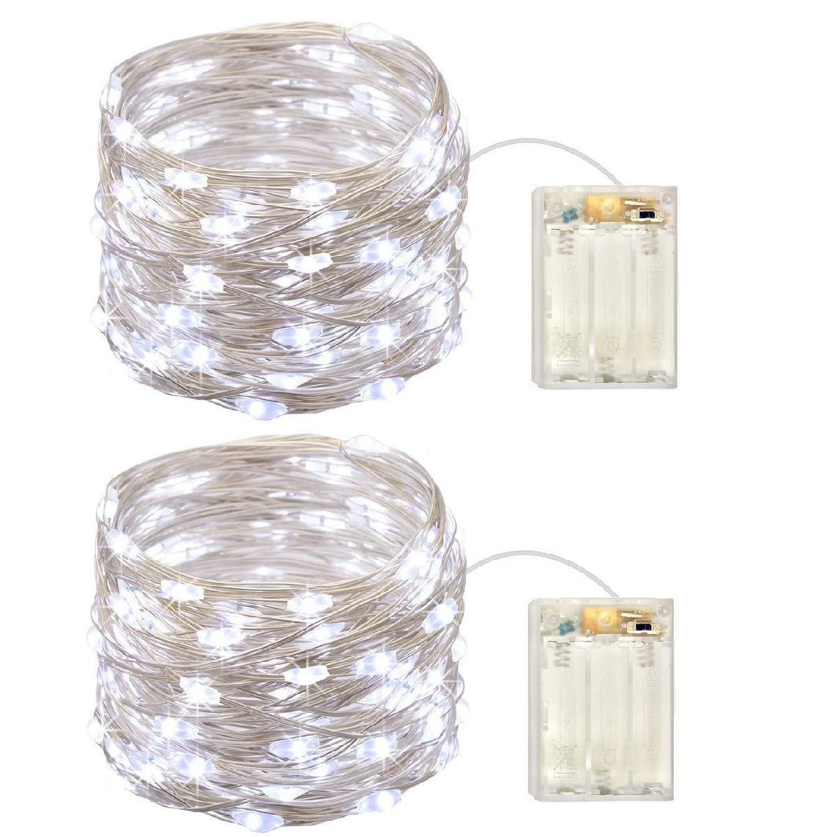 2 Pack Battery Operated Mini LED Fairy Lights - 50 Count Cold White LEDs, 17ft Silver Wire with 6/18 Hour Timer - Perfect for Wedding, Party, Christmas & Home Decor Indoor Lighting