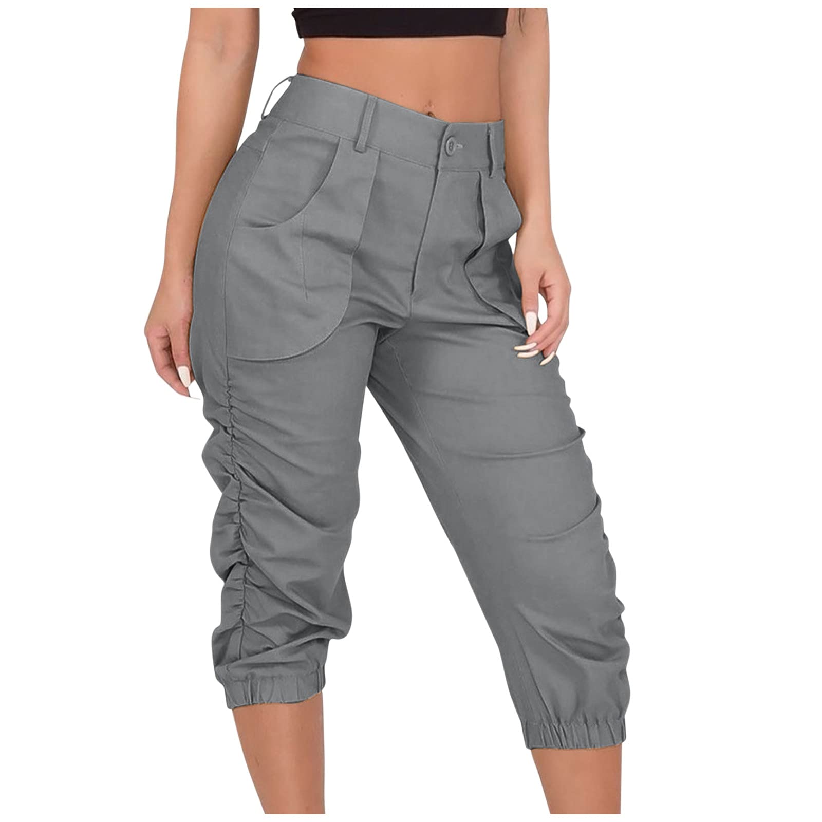 Women's Loose Cropped Harem Pants with Pockets - Mid Rise Linen Casual Shorts for Summer (Grey, Size S) | Perfect for Yoga, Beach, Lounge & Travel Wear