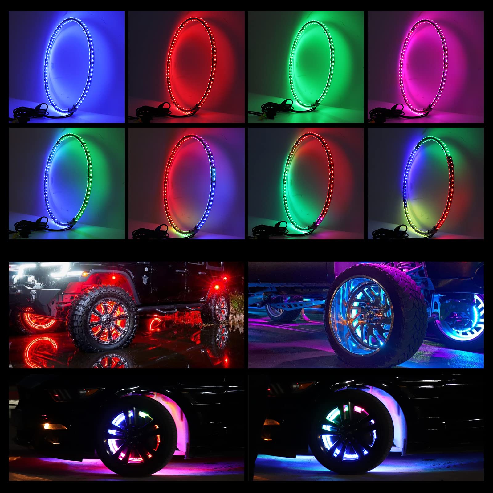 4PCS Brightest 17-inch Strobe LED Wheel Ring Lights for Cars - Double Row Dancing Chasing Colors with Turn Signal & Braking Function - Perfect for Night Driving, Car Shows & Vehicle Customization