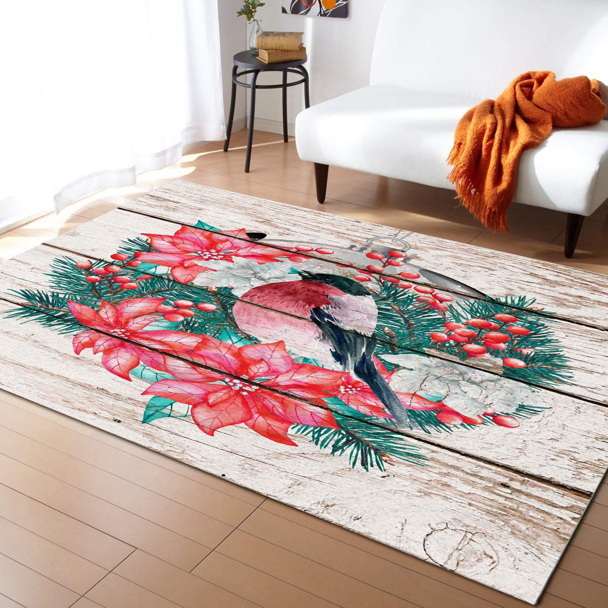 Edwiinsa 5x8 Feet Large Rectangle Area Rug - Retro Wood Board Design, Non-Woven Cushioned Plush Carpet for Living Room, Bedroom (Christmas Floral Wreath & Mockingbird Pattern) - Soft Indoor Floor Mat for Home Decor & Cozy Comfort