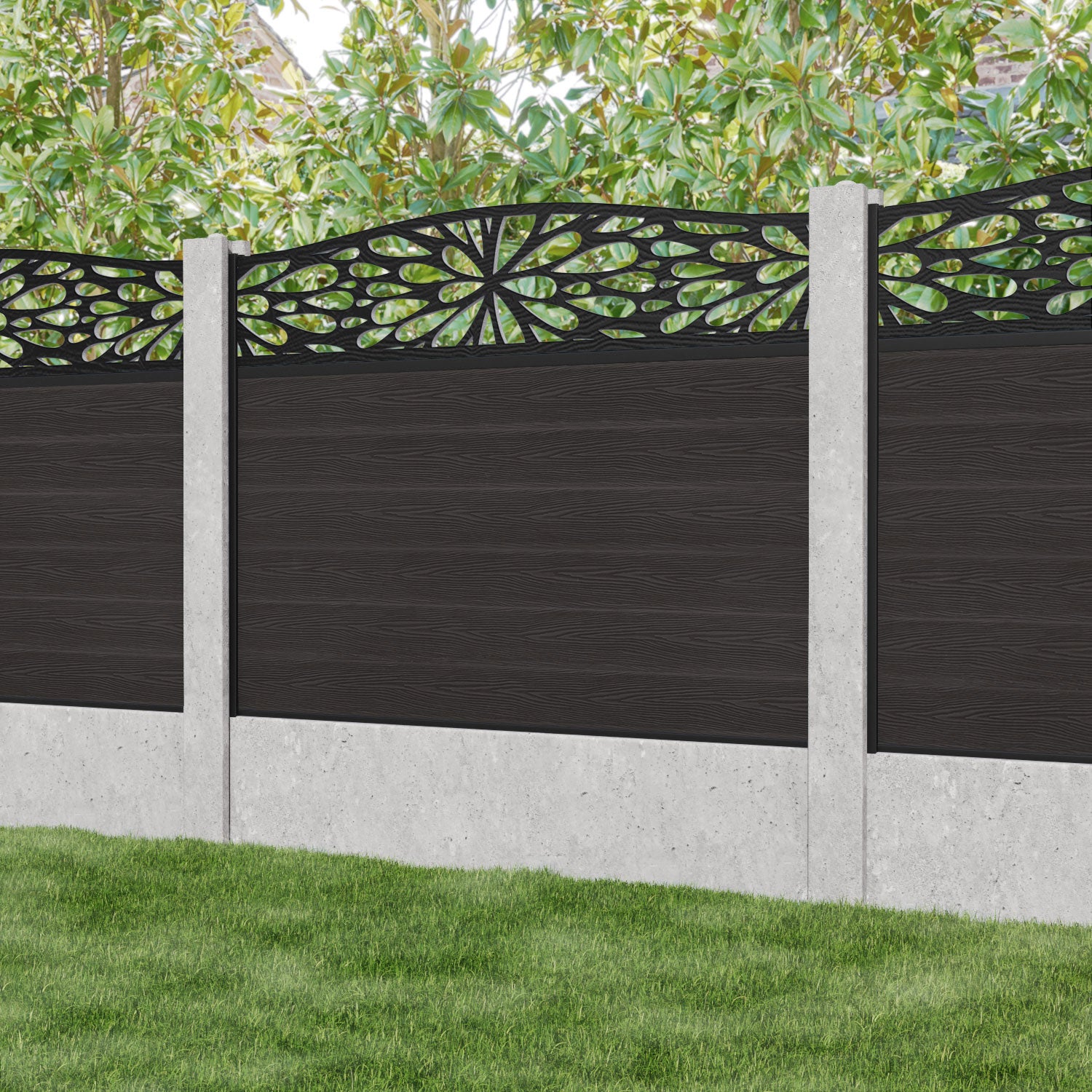 Dark Oak Classic Blossom Curved Top Fence Panel - Decorative Garden Fencing for Existing Concrete Posts - Perfect for Backyard Privacy and Landscape Design