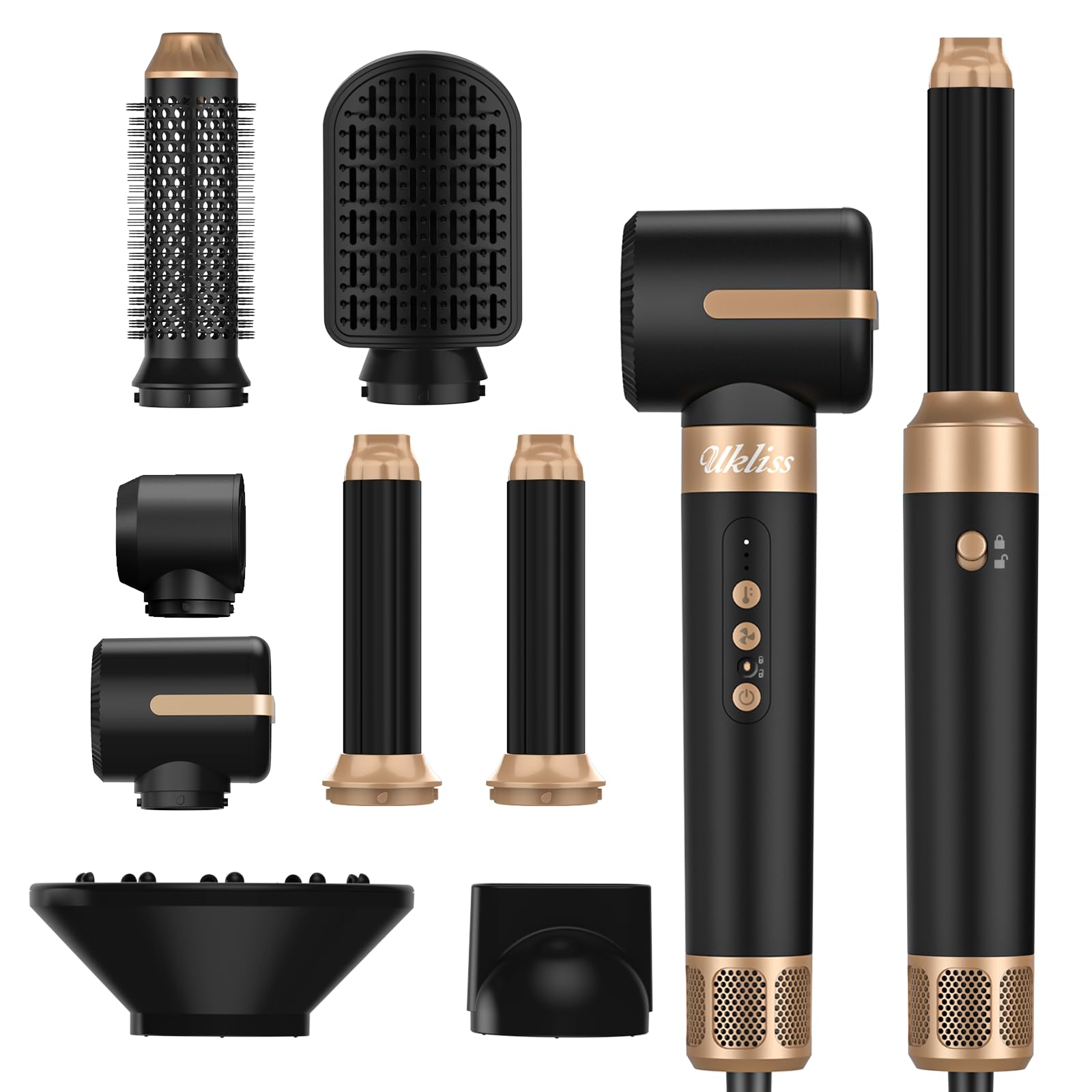 7-in-1 Hair Dryer Brush & Styler - 1400W Professional Blow Dryer with 30mm Curling Barrel, Round Brush & Diffuser for Fast Drying, Curling & Straightening (Black) | Perfect for Home Salon, Travel & Professional Styling