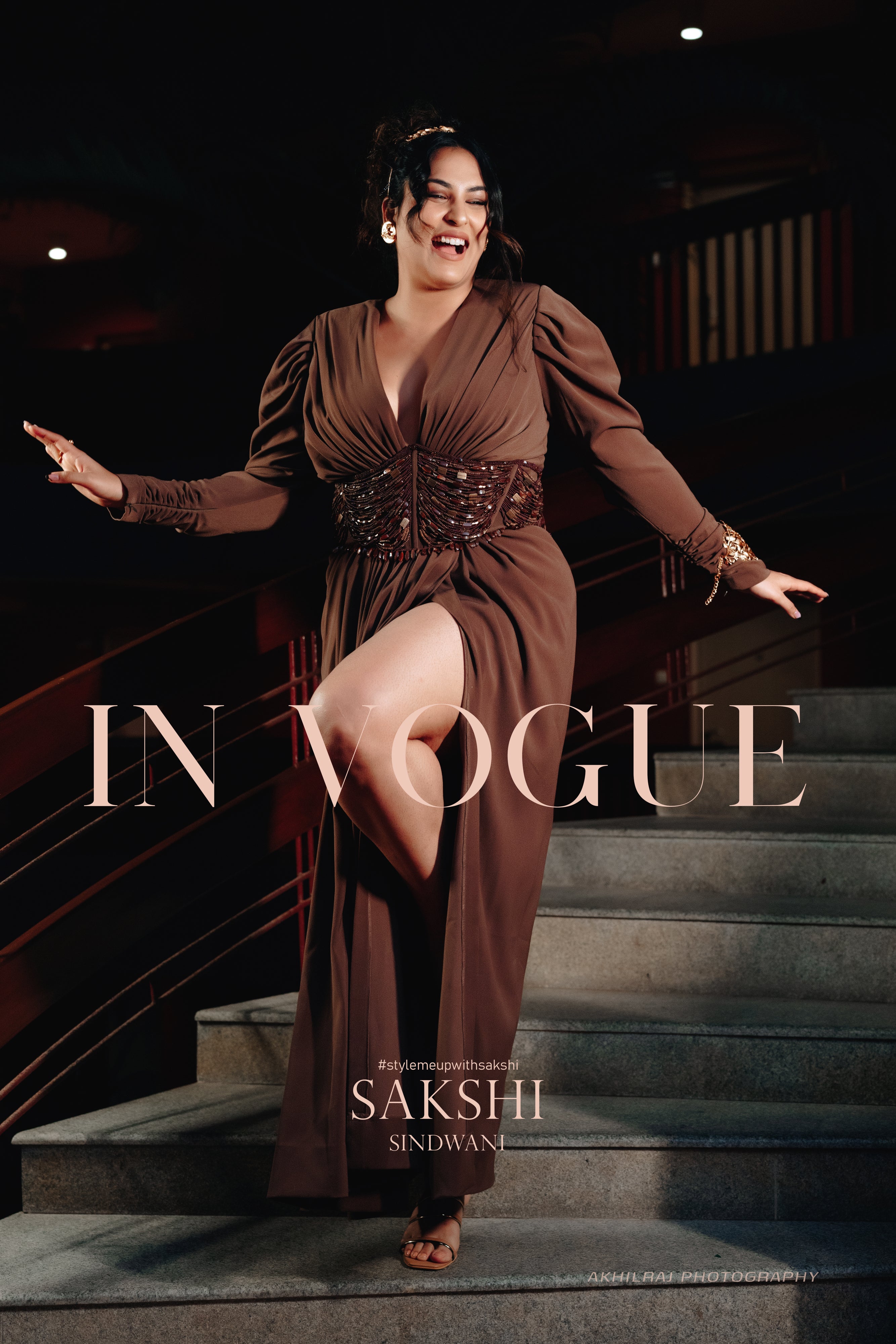 Sakshi Sindhwani Dark Tan Corset Dress with High Slit - Elegant Evening Gown for Parties, Weddings & Special Occasions