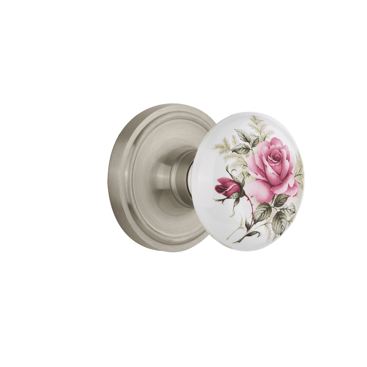 Vintage White Rose Porcelain Cabinet Knob with Rosette Design in Satin Nickel Finish - Perfect for Kitchen Cabinets, Bathroom Vanities & Furniture Hardware Upgrade