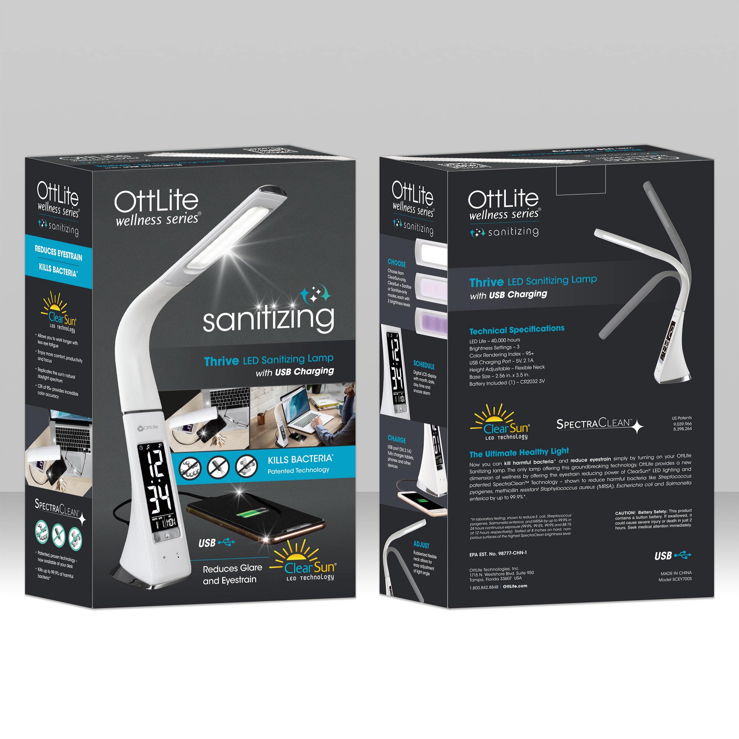 OttLite Thrive LED Sanitizing Desk Lamp with Digital Clock & USB Charger - 99.9% Bacteria Elimination, Touch Control, Adjustable Gooseneck for Home Office, Reading, Crafting | Perfect for Nightstands, Dorm Rooms & Workspaces