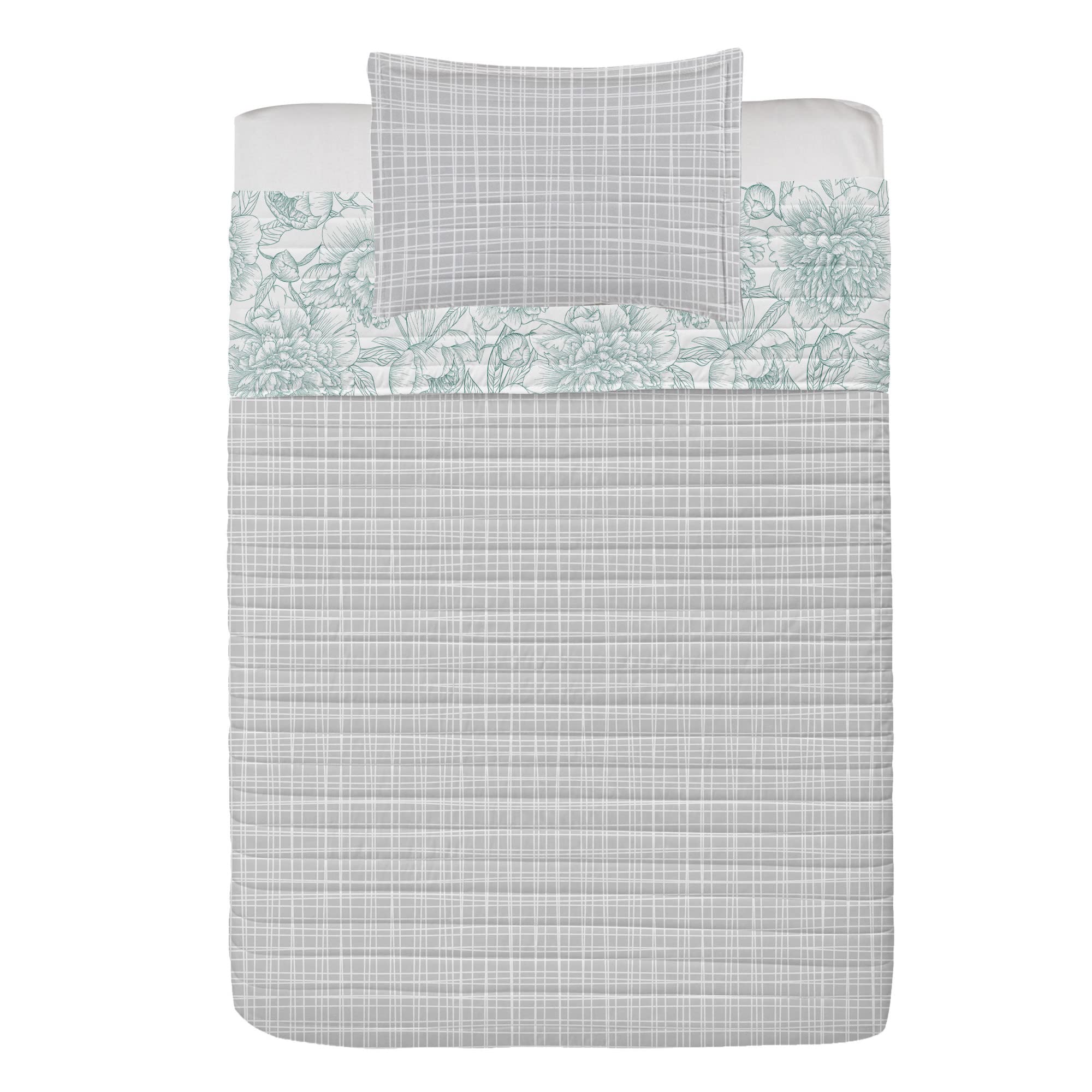 Ambesonne Floral Reversible Bedspread Set - Hand Drawn Rose, Chamomile & Peonies Design, Microfiber Comforter with Pillow Shams, Twin Size, Pale Teal - Perfect for Spring Bedroom Decor & Boho Chic Home Styling