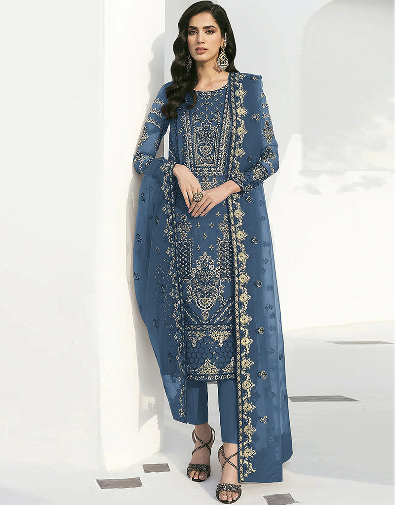 Elegant Blue Faux Georgette Pant Pakistani Suit Set - Traditional Ethnic Wear for Women - Perfect for Weddings, Parties & Special Occasions