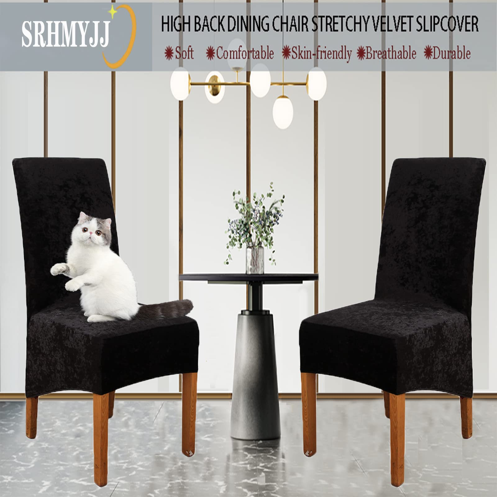 Premium Crushed Velvet Stretch Dining Chair Covers - Elastic Slipcovers for Chairs - Protective Seat Covers for Home, Wedding, Banquet & Party Decor (Black, Set of 2) - Perfect for Dining Room, Event Decorations & Home Improvement