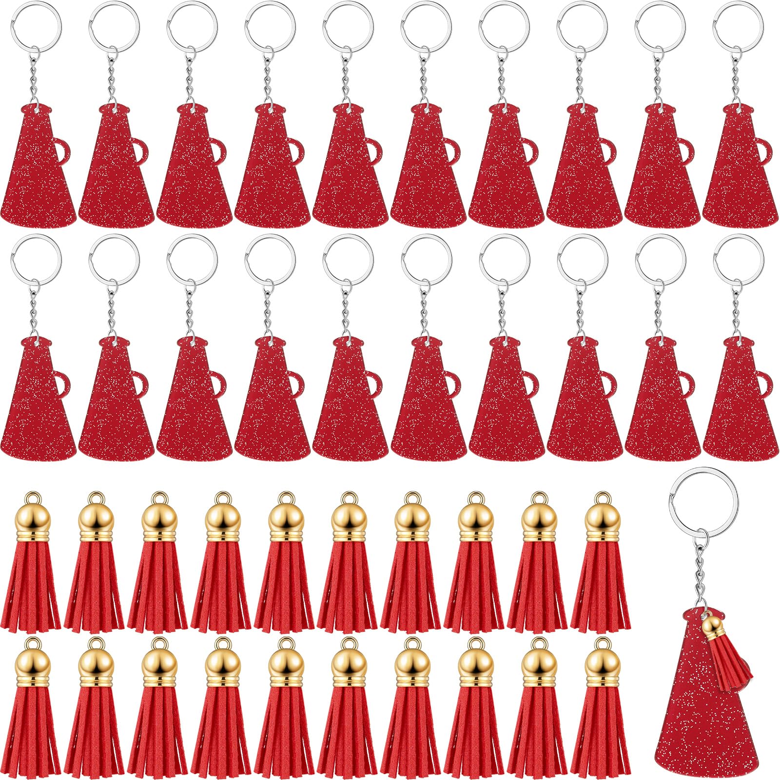 20 Sets Bulk Cheerleader Gifts - Glittery Red Megaphone Keychains with Tassel - Perfect for Team Cheer, Cheerleading Parties & Sports Events - Great as Motivational Gifts for Players and Fans