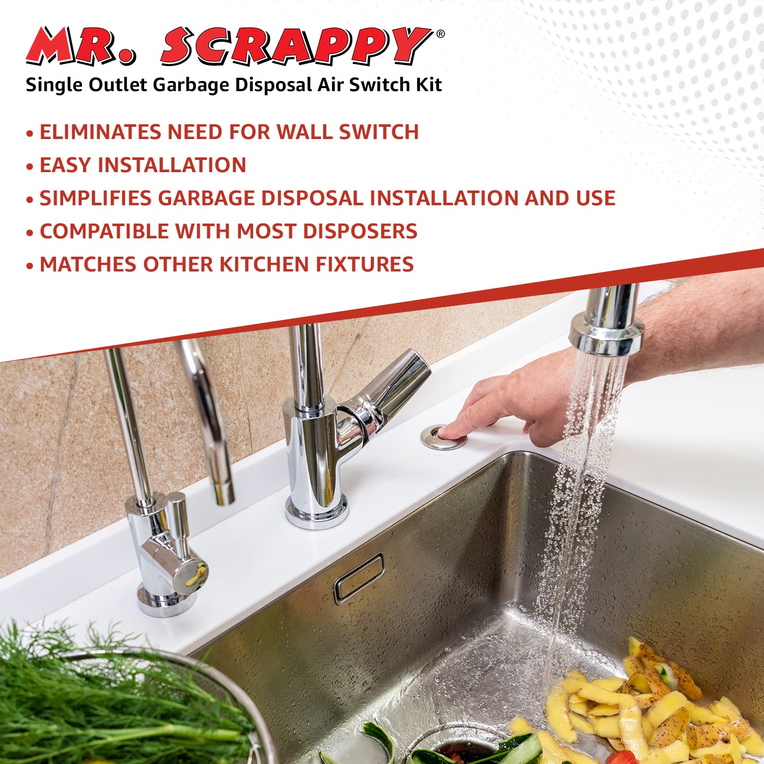 20-MSAS-65-WH Single Outlet Garbage Disposal Air Switch Kit - White, Includes Button, Tubing, 120V Power Module & Hardware - Easy On/Off Control for Kitchen Sink Waste Disposers - Perfect for Home, Restaurant & Commercial Use