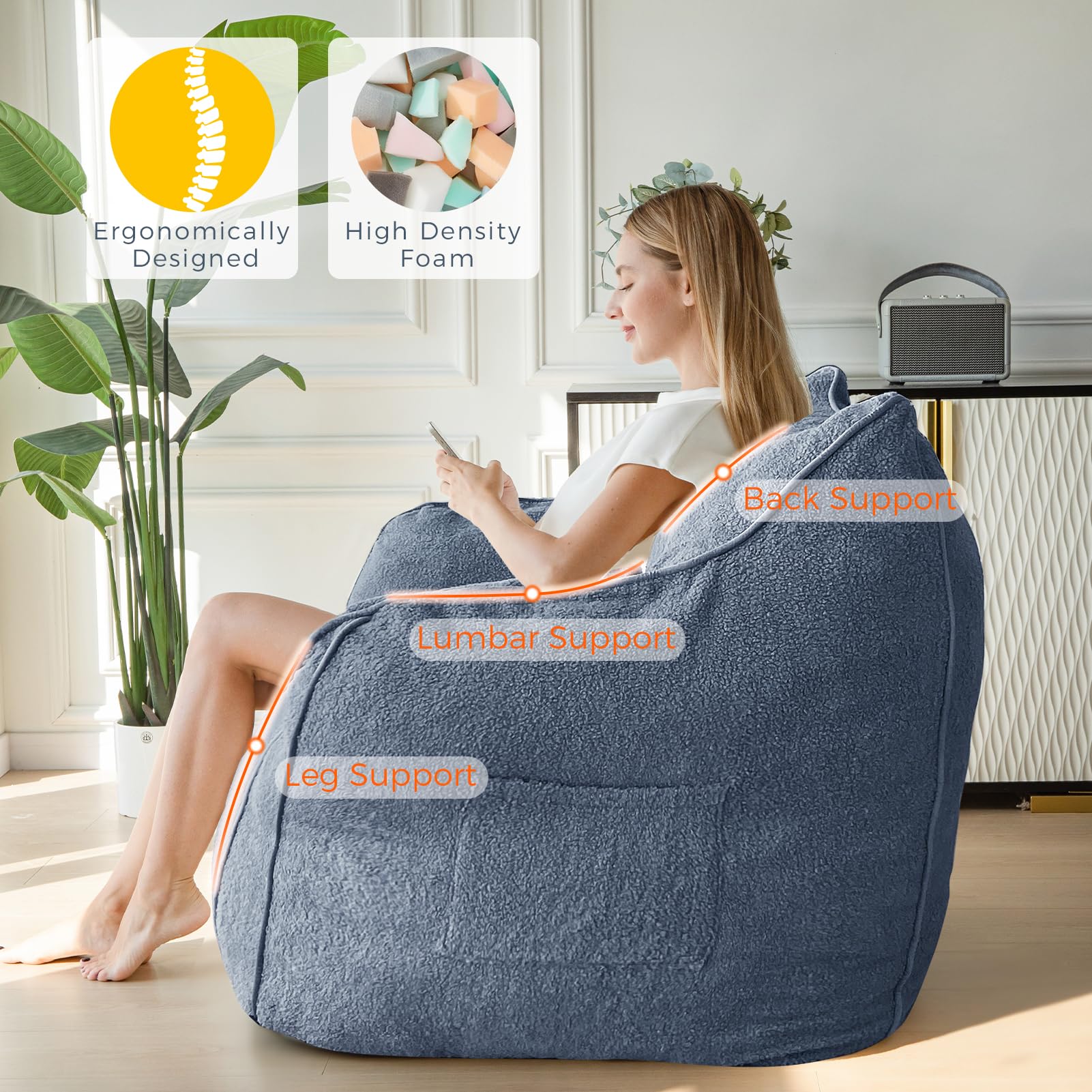 MAXYOYO Giant Bean Bag Chair for Adults - Extra Large Fluffy Bean Bag Couch with Decorative Edges, Dusty Blue - Perfect for Living Room, Bedroom, Game Room & Dorm Relaxation