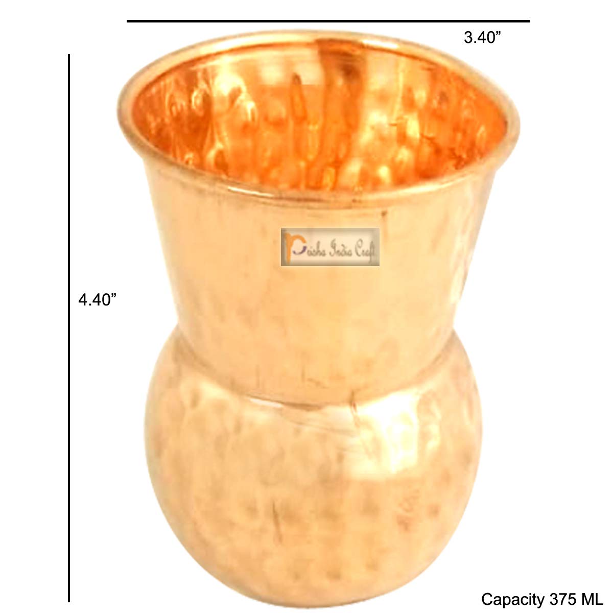 Prisha India Handcrafted Copper Glass Tumbler Set - 8 Piece Hammered Muglai Matka Design - 375ml Capacity - Elegant Indian Tea Cups for Home, Office & Gifting - Perfect for Chai, Coffee & Traditional Beverages