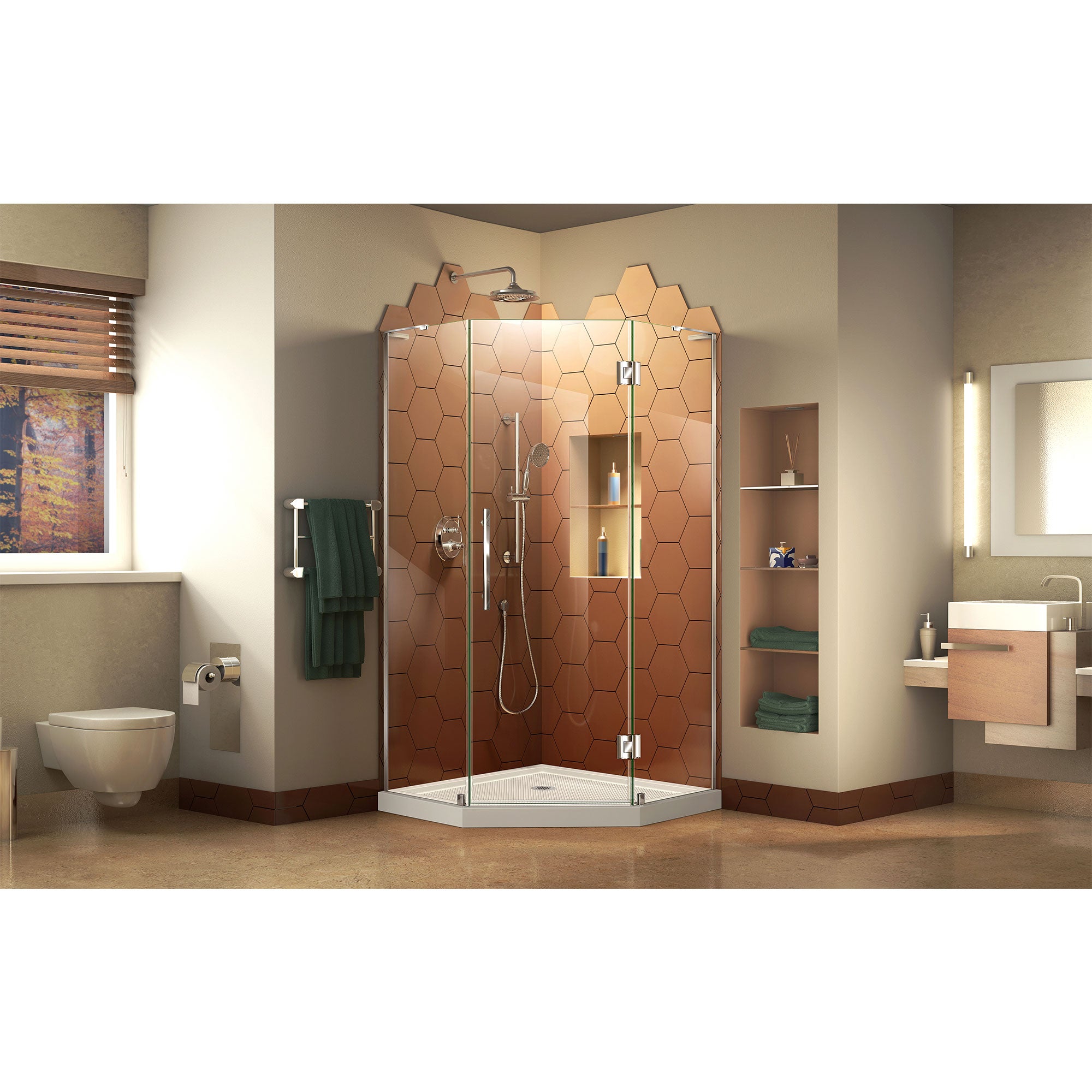 DreamLine Prism Plus 36x36x74.75 Inch Frameless Hinged Shower Enclosure with SlimLine Base Kit - Perfect for Modern Bathroom Renovations & Space-Saving Designs