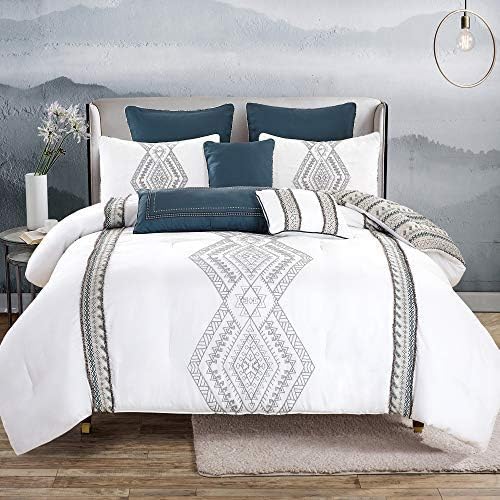 Luxury 8-Piece Queen Comforter Set - Modern White Gray Navy Pattern Bedding Collection with Shams & Cushions | Soft Full/Queen Size Bed in a Bag for Cozy Bedroom & Guest Room Decor