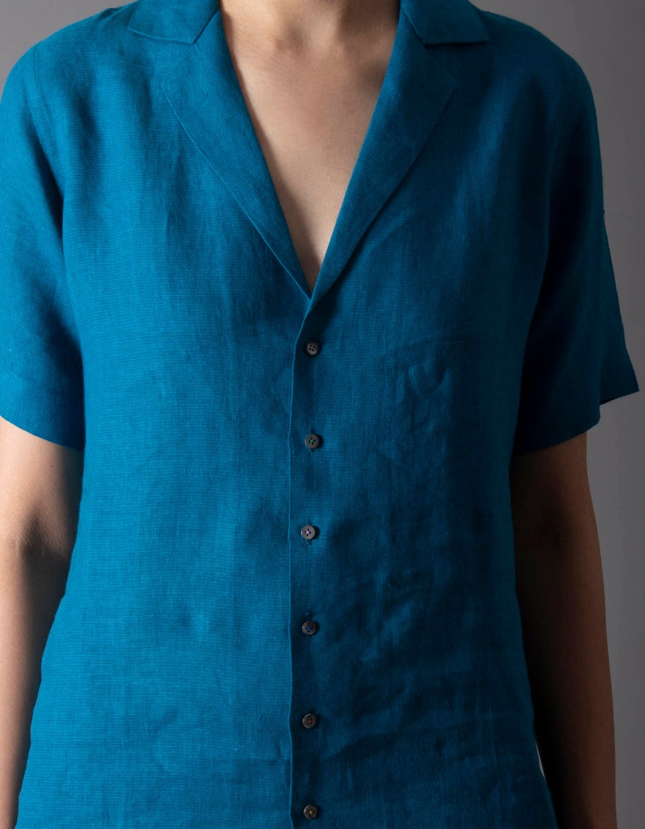 Premium Cobalt Blue Linen Bush Shirt for Men - Breathable Summer Casual Wear - Perfect for Outdoor Adventures, Travel & Beach Vacations
