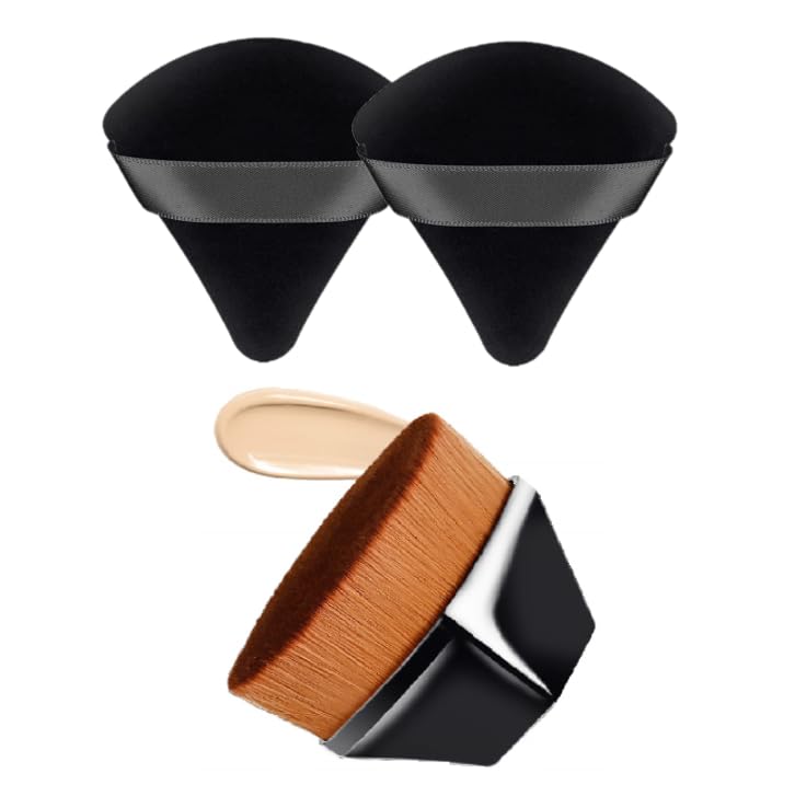 Houvida Professional Foundation Brush & 2-Piece Triangle Powder Puffs Set - Liquid & Powder Makeup Blending Tool for Flawless Face & Body Application (Black) | Perfect for Daily Makeup, Contouring & On-The-Go Touch Ups