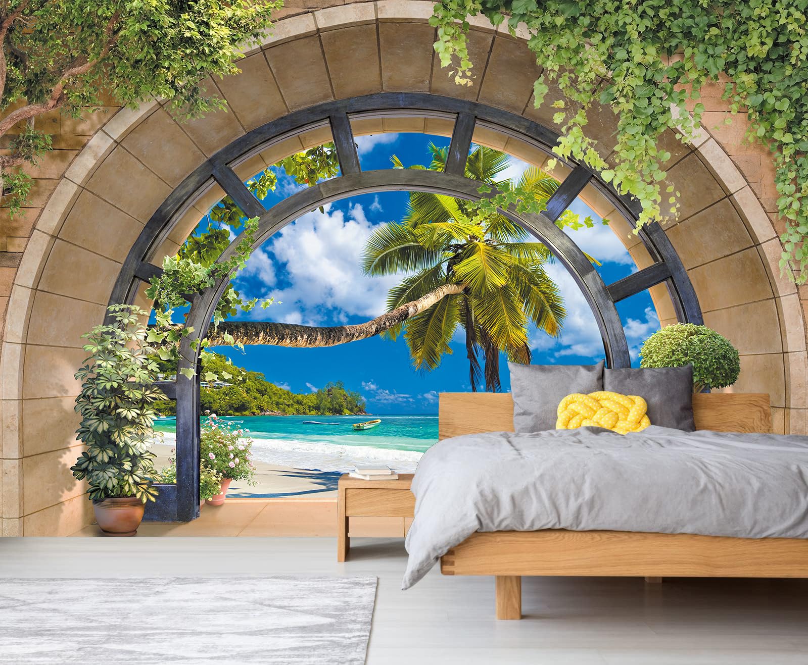 FLFK 3D Window Tropical Beach Palm Tree Peel and Stick Wall Mural - Self-Adhesive Wallpaper Poster for Bedroom, Living Room & Home Decor (118