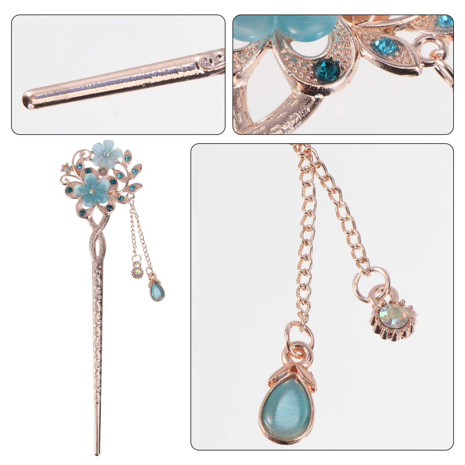 Beaupretty Rhinestone Flower Hair Stick - Vintage Chinese Hairpin with Tassels - 3PCS Hair Styling Accessories for Weddings, Parties & Traditional Hairstyles
