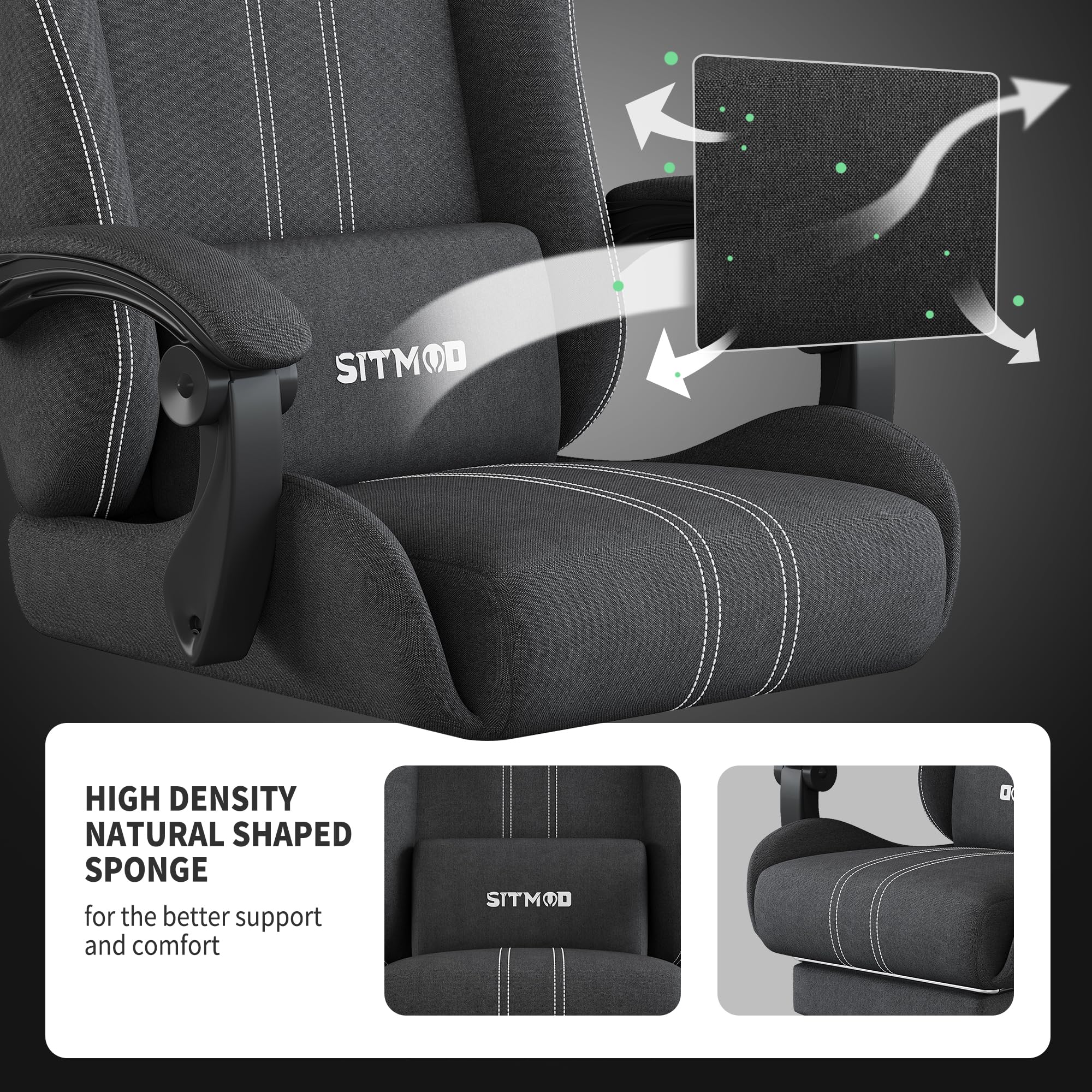 SITMOD Ergonomic Gaming Chair with Adjustable Headrest & Lumbar Support - Breathable Fabric Big and Tall Computer Chair with Footrest, Recliner & 360° Swivel - Comfortable Office & Gaming Chair for Adults (Grey) - Perfect for Long Gaming Sessions & Home Office Work