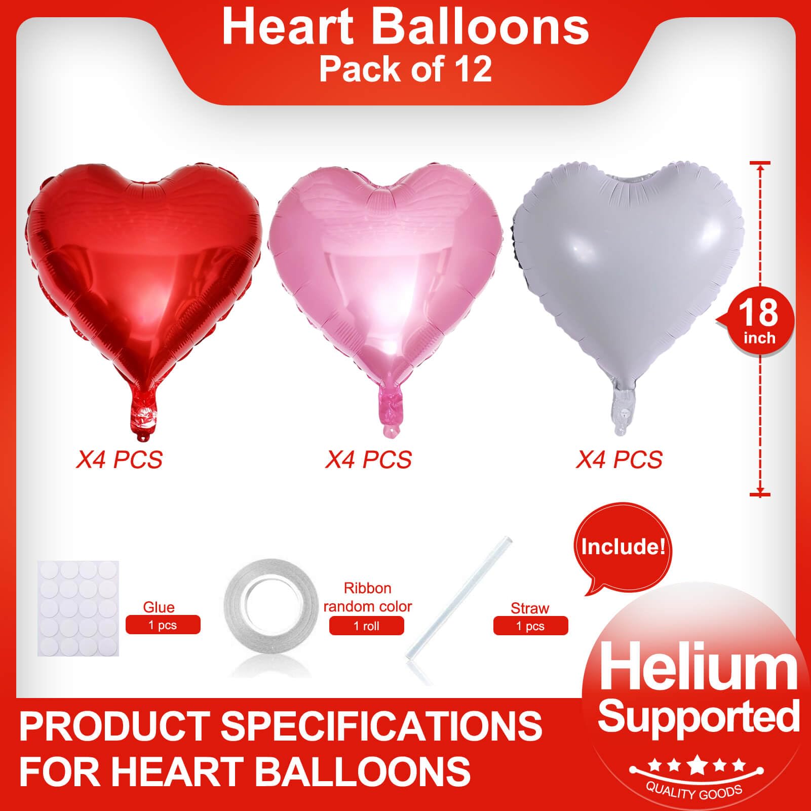 12-Pack 18 Inch Red Heart Shaped Balloons | Romantic White & Pink Valentine's Day Balloons for Wedding Proposals, Bridal Showers, Engagement Parties & Anniversary Decorations | Perfect for Valentine's Day, Weddings & Romantic Celebrations
