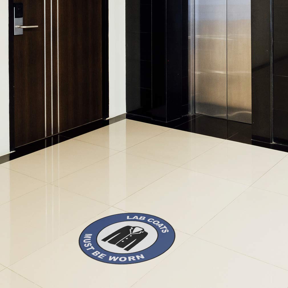 Anti-Slip Blue & Black Round Floor Decals - 36 Inch Industrial Safety Signs for Labs, Workshops & Craft Rooms - Must Wear Lab Coats Warning Stickers