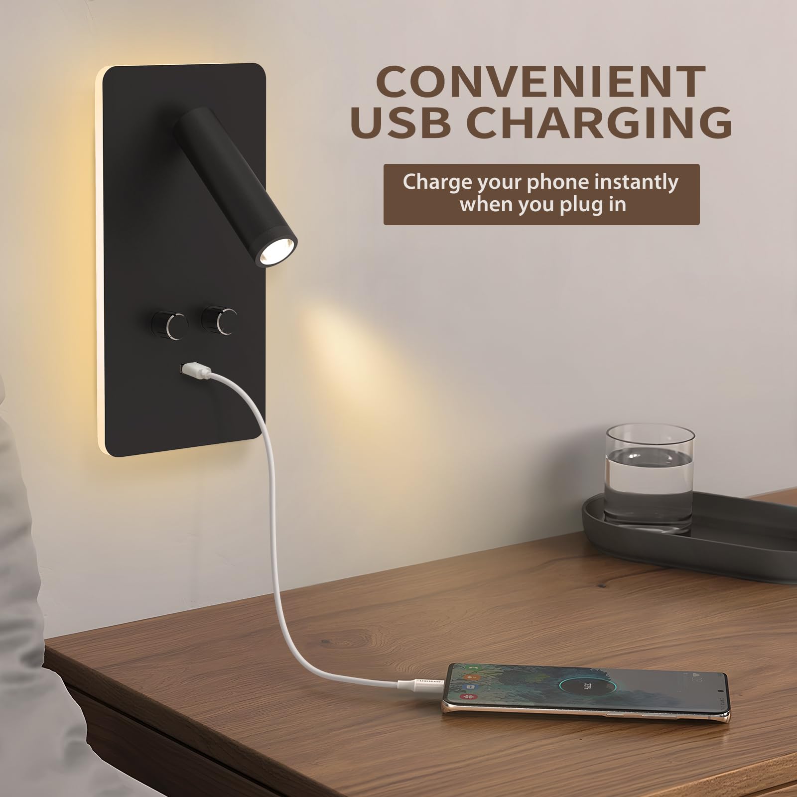Dimmable LED Wall Mounted Reading Light - Adjustable 0.9-3.7W & 1.2-6W Backlight with USB Port - Modern Wall Sconce for Bedroom, Living Room & Study - Black