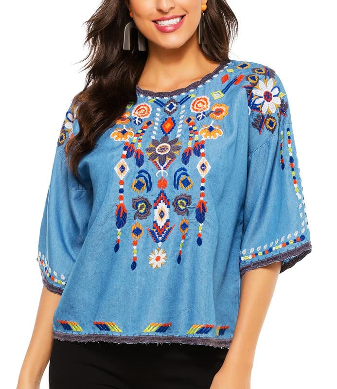 AK Women's Summer Boho Embroidered Mexican Short Sleeve Blouse - Casual Denim Peasant Top for Beach, Festival & Vacation Wear