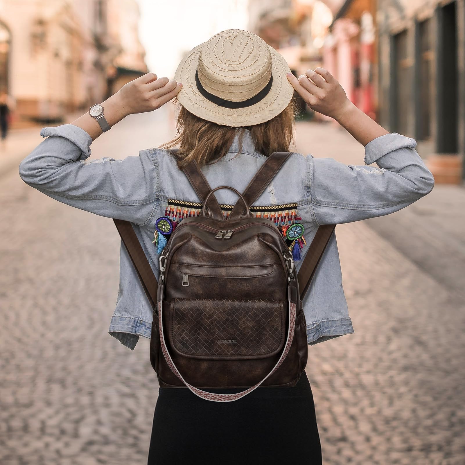 Missnine Women's PU Leather Convertible Backpack Purse - Stylish Shoulder Bag & Satchel for Work, College, Travel with Weave Detail (Coffee Brown) - Perfect for Office Commute, Campus Life & Weekend Getaways