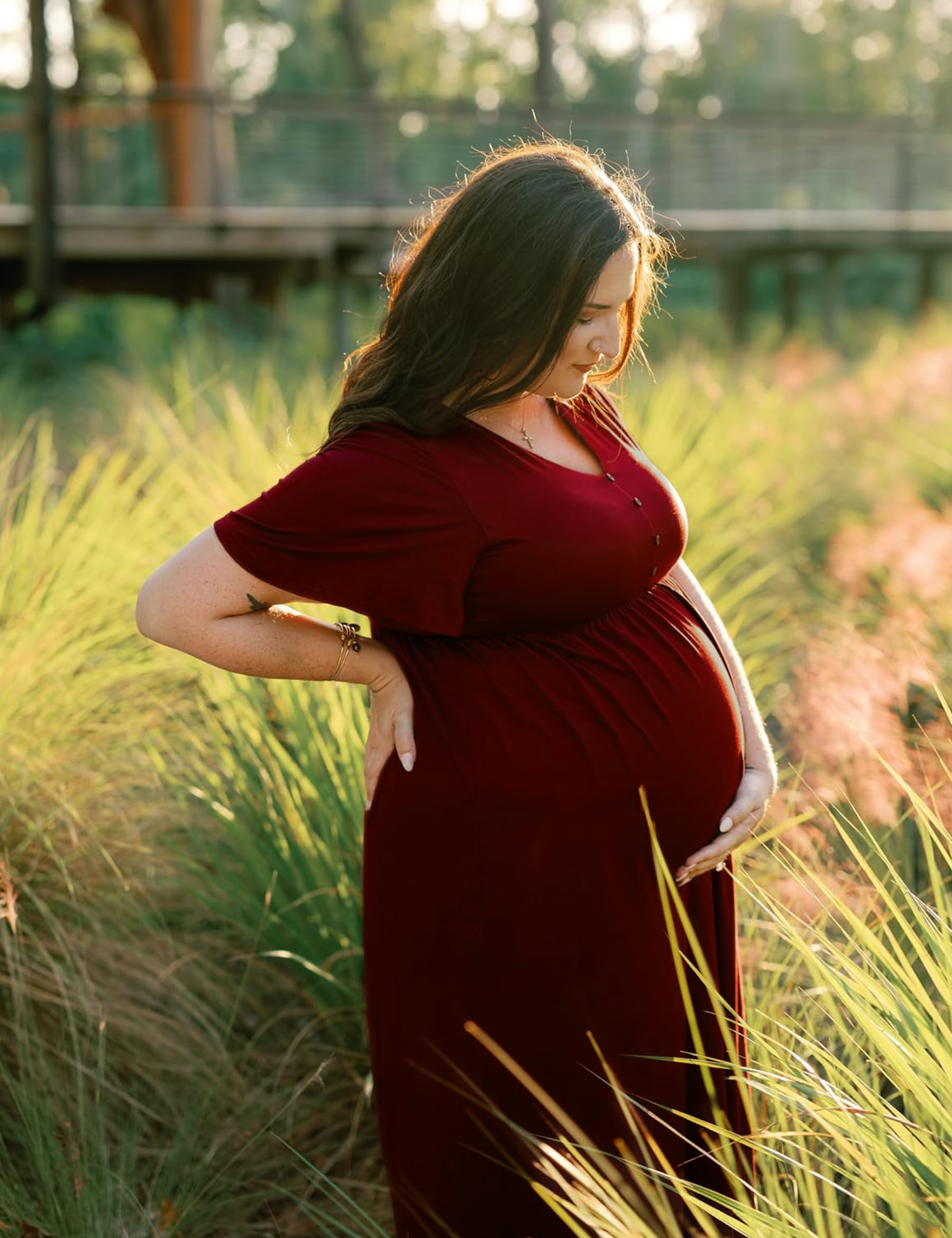Peauty Summer Maternity Dresses for Women - Flowy Pregnancy Photoshoot Dress with Decorative Buttons | Baby Shower & Beach Maternity Outfit