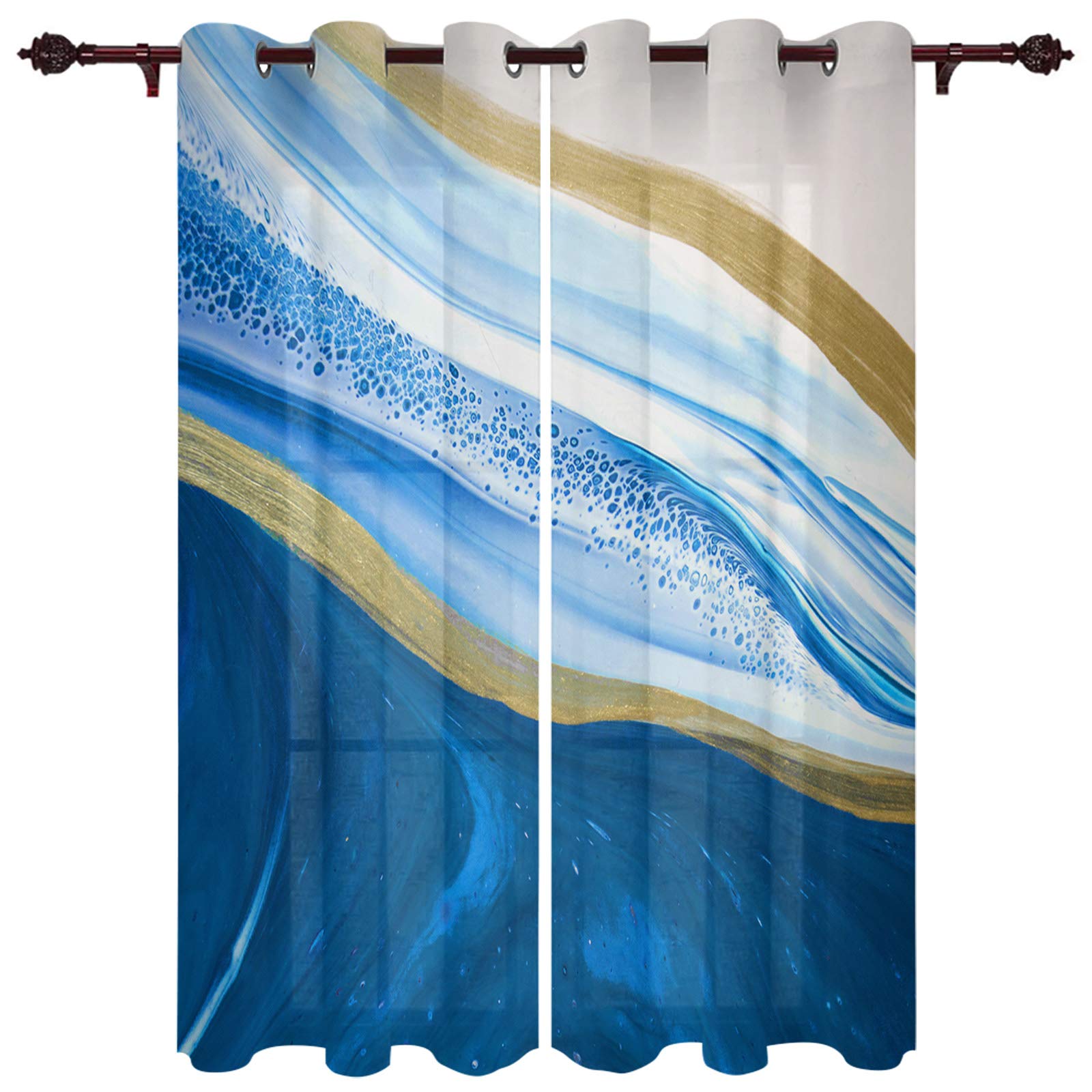 Watercolor Gradient Marble Blue Window Curtains - 39 Inch Long Grommet Drapes (Set of 2 Panels) for Living Room, Bedroom & Sliding Doors - Elegant Home Decor & Light Filtering Window Treatment