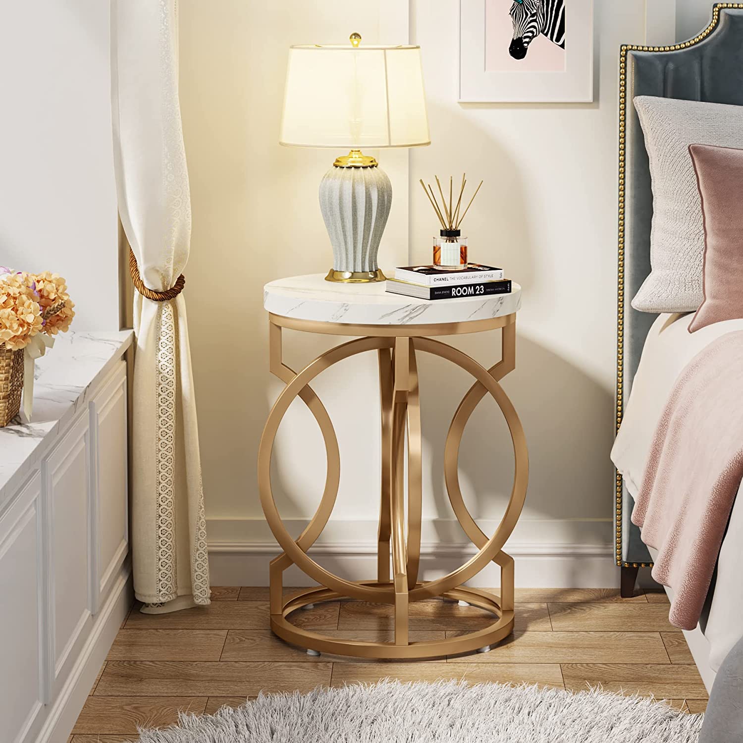 Modern Round End Table with Faux Marble Top - Stylish Nightstand for Bedroom, Living Room & Office - Perfect for Small Spaces & Home Decor