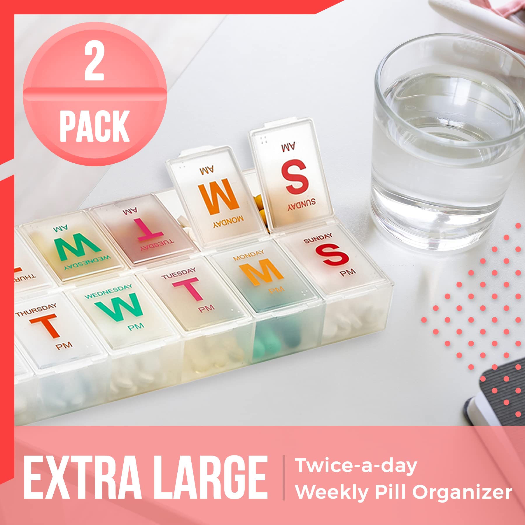 Large Weekly Pill Organizer (2 Pack) - AM/PM XL 7-Day Pill Box with Braille - Easy to Read Daily Medication & Vitamin Organizer for Pills, Supplements - Perfect for Travel, Elderly Care & Health Management