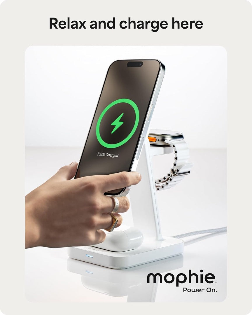 Mophie 3-in-1 Wireless Charging Station with Qi2 Fast Charging - White | Perfect for iPhone, AirPods & Apple Watch Charging at Home, Office or Nightstand