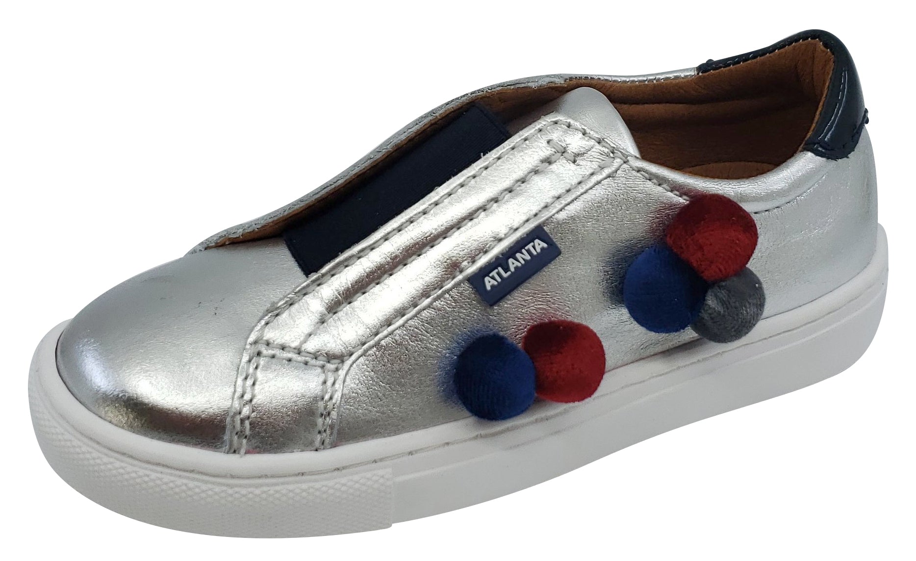 Atlanta Moccasin Girls' Leather Pom Pom Slip-On Shoes - Silver | Comfortable Casual Loafers for School, Playdates & Everyday Wear