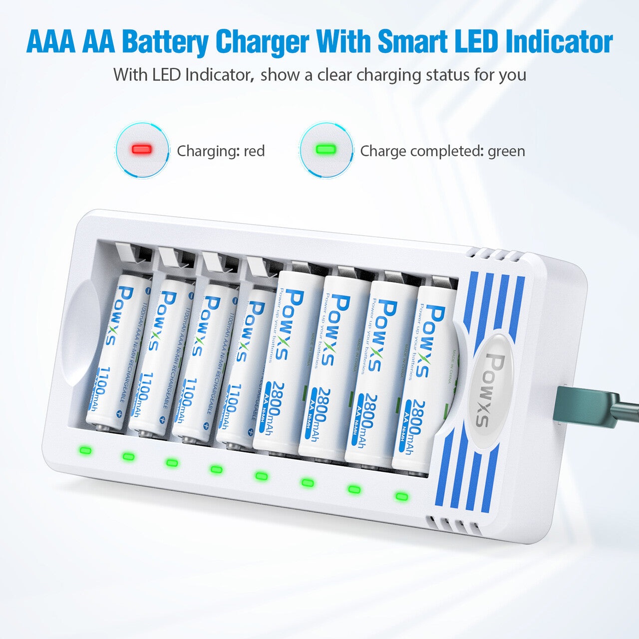 POWXS 8 Bay AA AAA Battery Charger with LCD Display - Fast Charging for Rechargeable Batteries - Perfect for Home, Office, and Travel Use