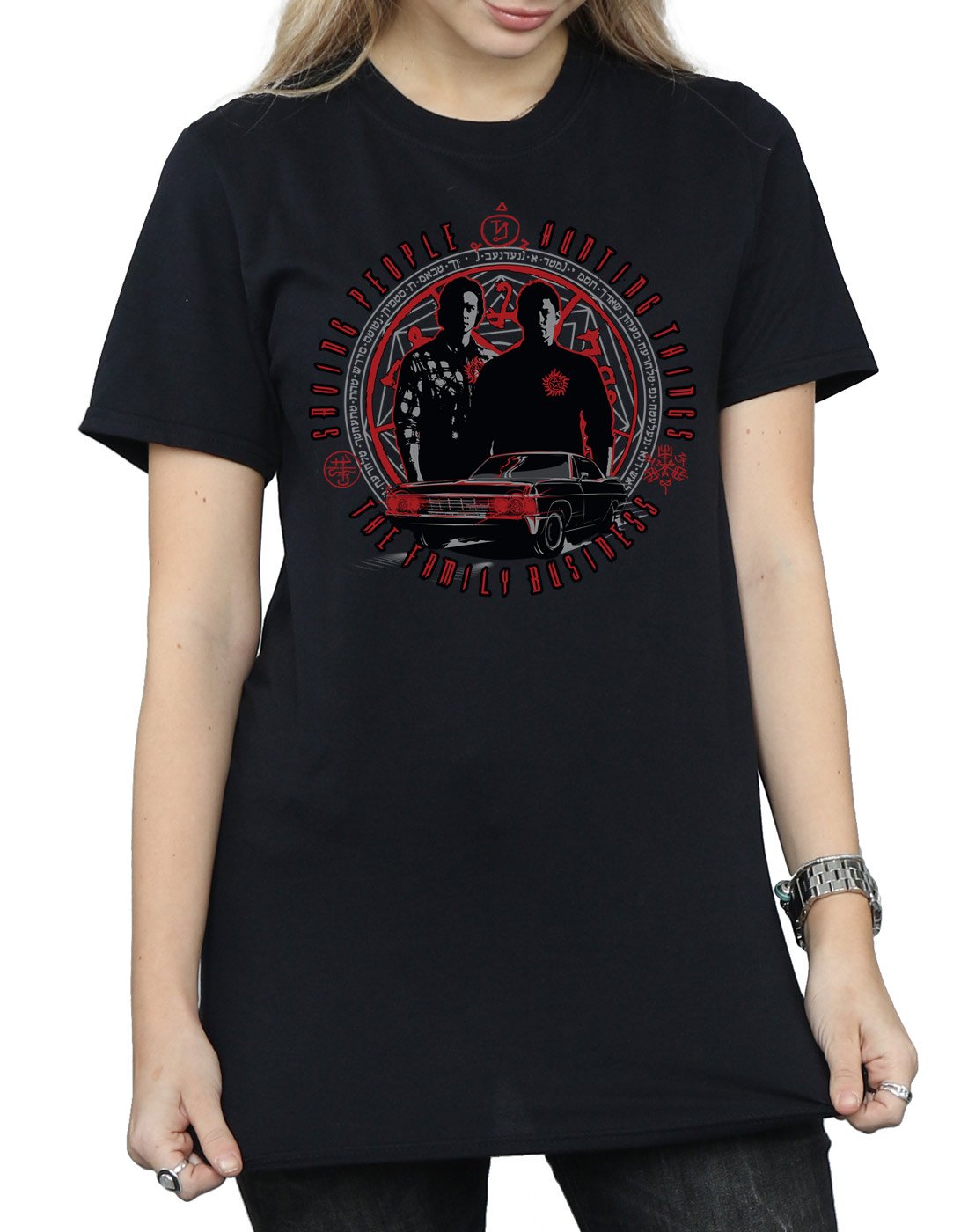Supernatural Women's Family Business Boyfriend Fit T-Shirt - Medium Black | Soft Cotton Relaxed Fit Graphic Tee for Casual Wear, TV Show Merchandise & Fan Gifts