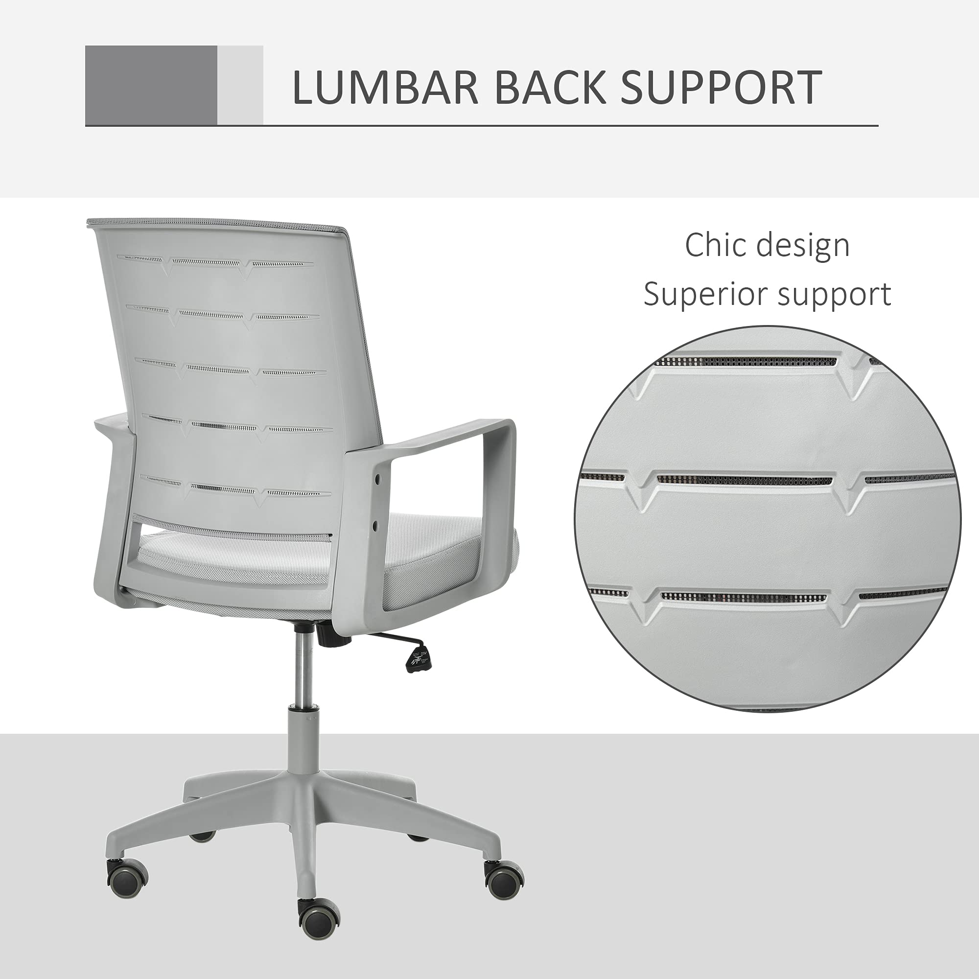 Vinsetto Ergonomic Mid-Back Home Office Chair with Adjustable Height & Lumbar Support - Comfortable Computer Desk Chair for Work from Home, Gaming & Study - Grey Mesh Task Chair
