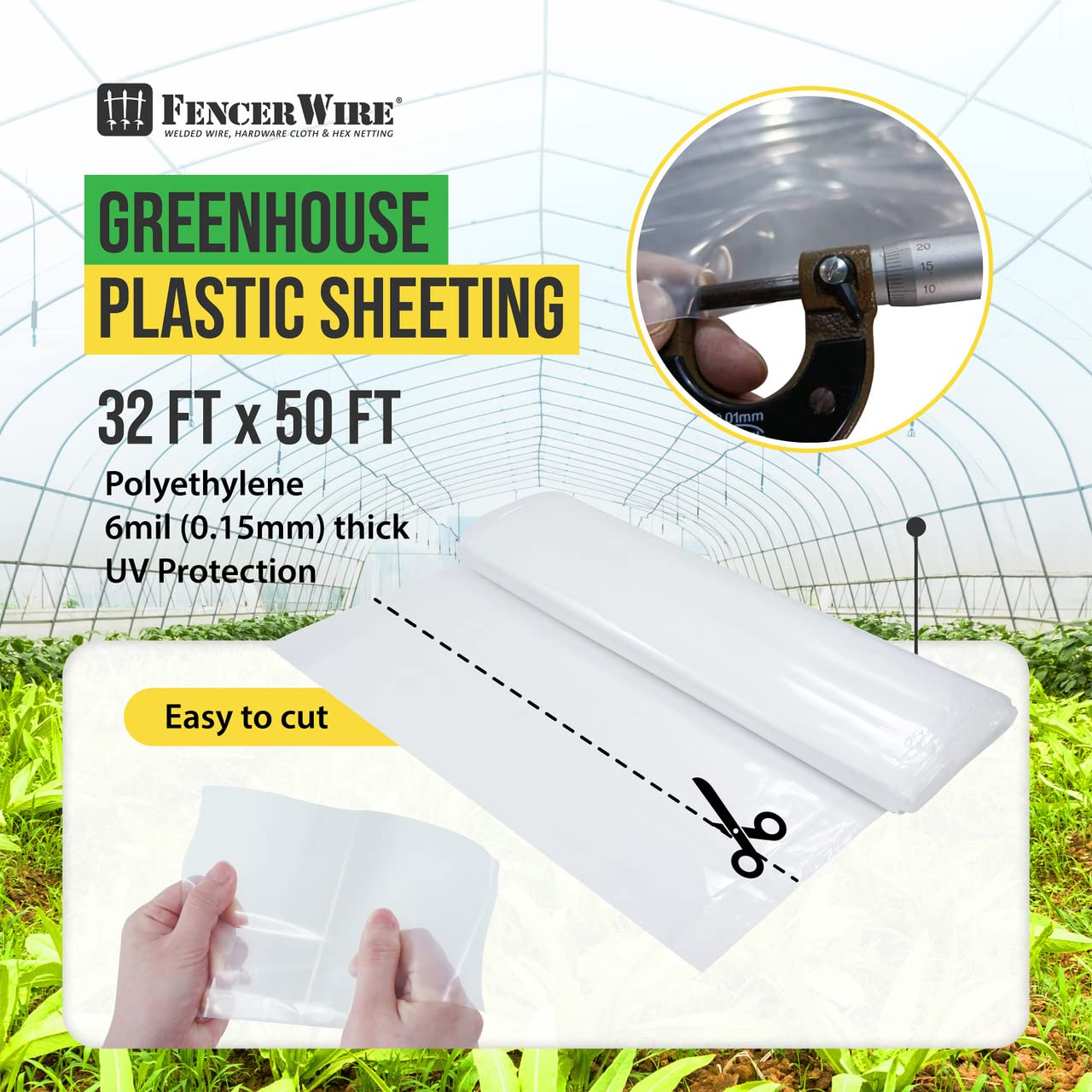 6 mil Clear UV-Resistant Greenhouse Plastic Sheeting - 32' x 50' Polyethylene Film for Hoop House, Horticulture & Farming | 90% Light Transmittance | Durable Cover for Gardening, Agriculture & Plant Protection