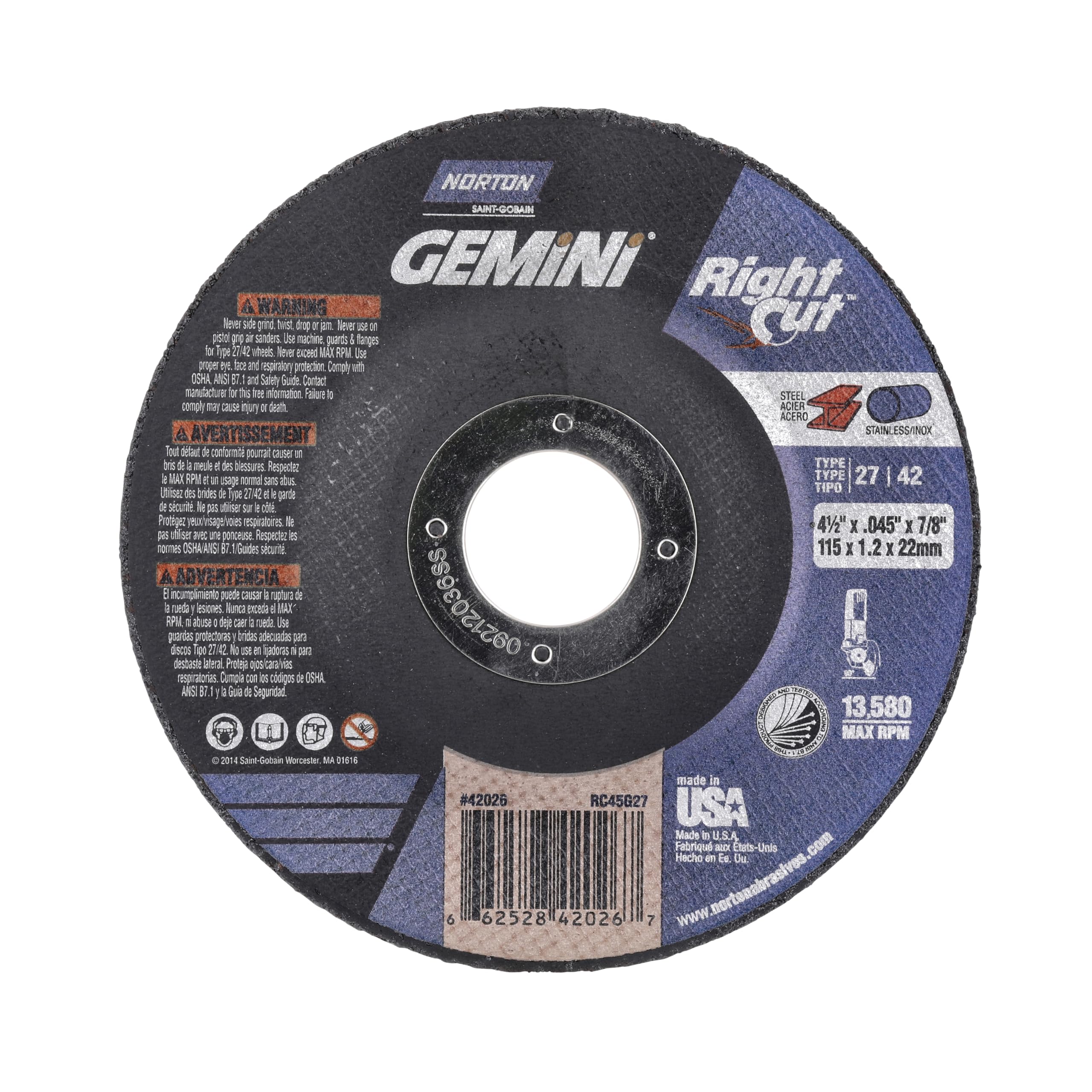 Norton 4-1/2 Inch Gemini Cut-Off Wheels for Right Angle Grinder - 25 Pack Durable Metal Cutting Discs for Grinding, Cutting & Shaping - Ideal for DIY Projects, Metalwork & Construction