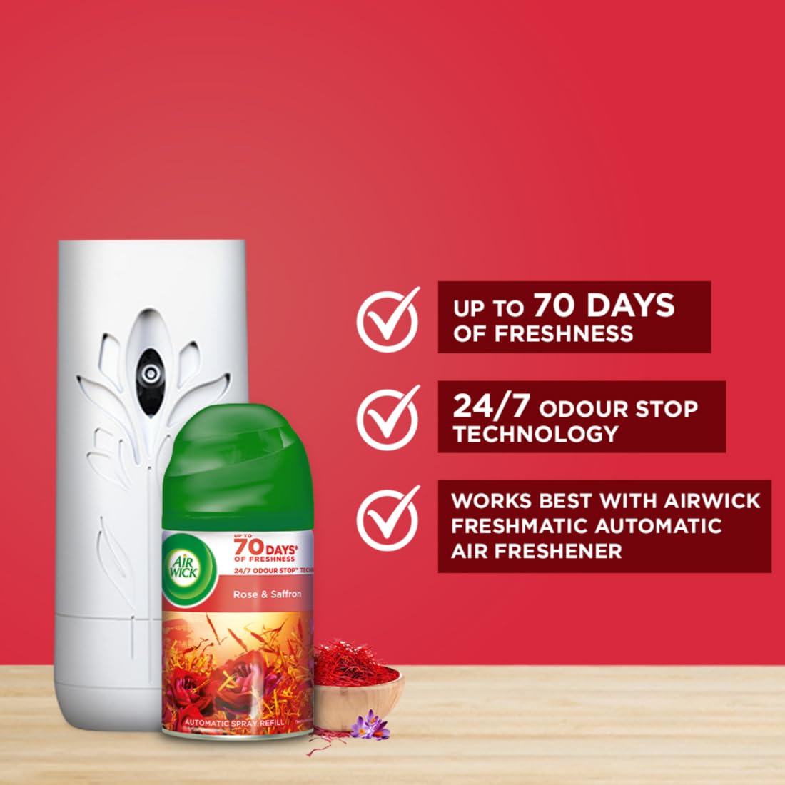 Air Wick Freshmatic Automatic Air Freshener Refill - Rose & Saffron Scent, 250ml | 2600 Sprays Guaranteed | Long-Lasting Fragrance for Home, Bathroom, Office & Car | Eliminates Odors & Freshens Air
