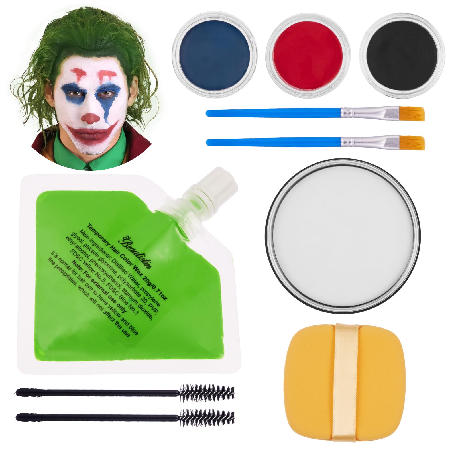 Professional Joker Clown Makeup Kit for Halloween - Includes White, Red, Black & Blue Oil-Based Face/Body Paint, 20g Green Hair Wax, Powder Puff & 2 Brushes | Perfect for Joker Cosplay, Halloween Parties & Themed Events